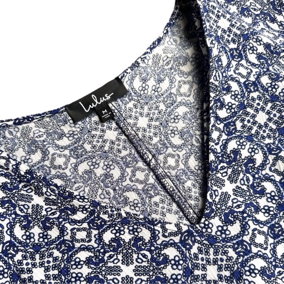 Lulus Mandala Daydream Blue White Print Bell Sleeve Maxi Dress Size M Side Slits - Picture 3 of 5